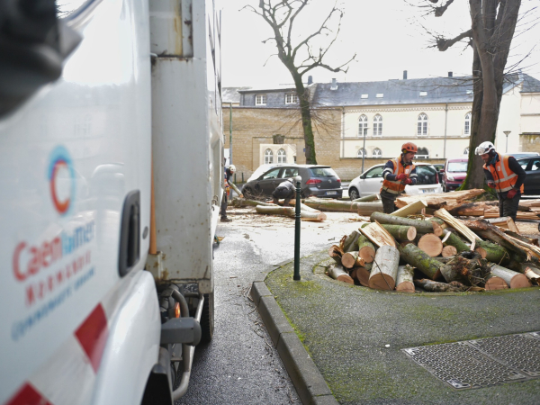 Agents Caen la mer déblayant les arbres tombés pendant la tempête Goretti