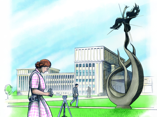 Illustration représentant la photographe Marguerite Vacher devant l'Université de Caen à sa réouverture.