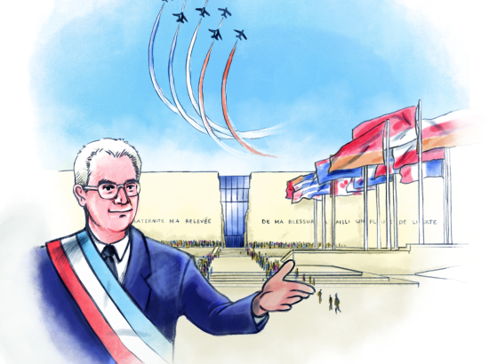 Illustration de l'inauguration du Mémorial de Caen en présence du maire-bâtisseur Jean-Marie Girault.