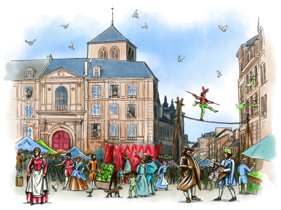 Vue d'artiste de la place Saint-Sauveur et son marché au milieu du XVIIIe siècle.