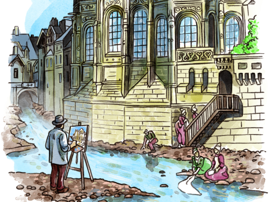 Vue d'artiste de l'Odon au pied du chevet de l'église Saint-Pierre au XIXe siècle.