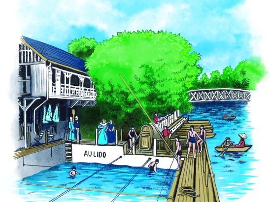 Vue d'artiste de l'école de natation du Lido à Caen dans les années 1920.