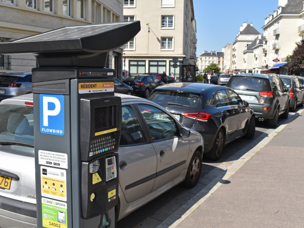 Horodateur et voitures garées dans la rue 