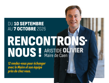 Affiche des Rencontrons-nous du 10 septembre au 7 octobre, portrait du maire de Caen 