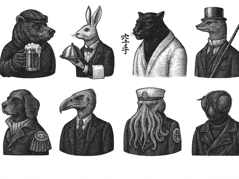20250407_1717_Anthropomorphic Animals Black & White_remix_01