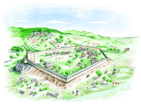 Vue d'artiste de Caen au XIe siècle depuis les hauteurs des Fossés Saint-Julien