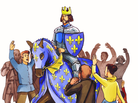 Illustration du roi Charles VII entrant dans la ville après sa victoire contre les anglais.