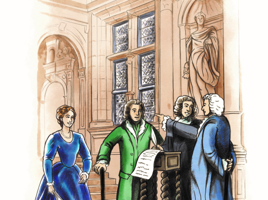 Illustration d'intellectuels en discussion au XVIIe siècle