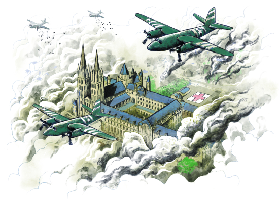 Illustration des bombardements de Caen à l'été 1944 et survol de l'Abbaye-aux-Hommes transformée en îlot sanitaire.
