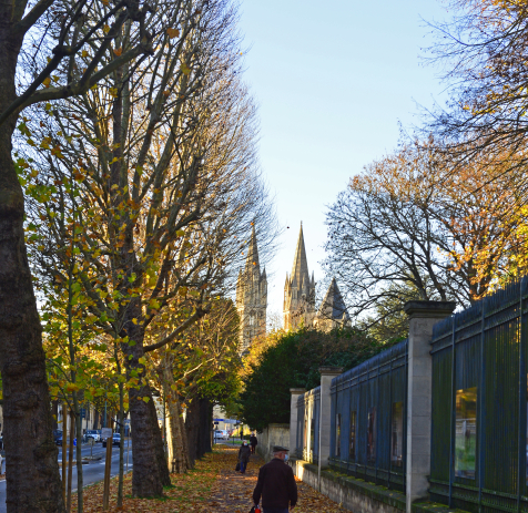 Vue de l'allée piétonne boulevard Bertrand, passants et arbres d'automne 